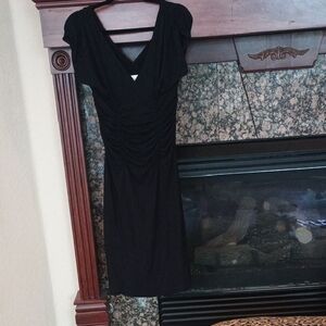 CAbi Black Ruched V-Neck Midi Dress